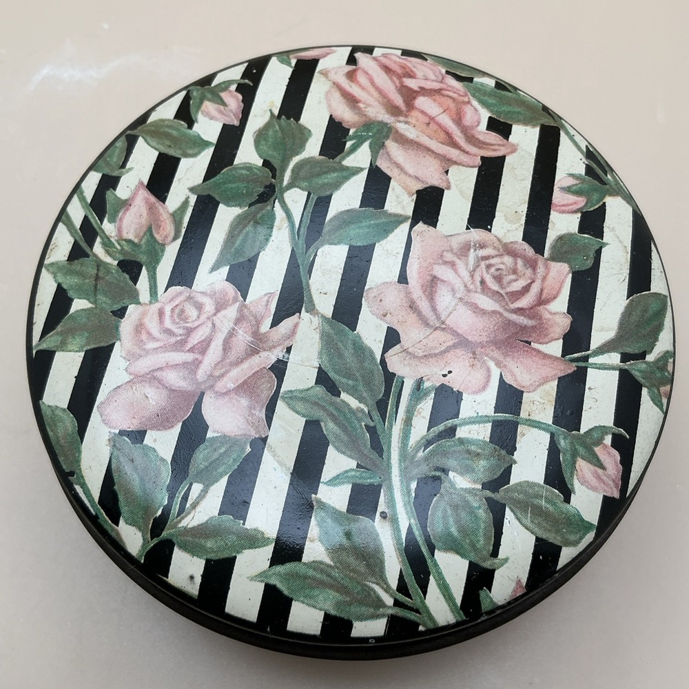 Vintage Tindeco Talcum Powder Tin, Stripes,‎ Roses, Pad & Powder
